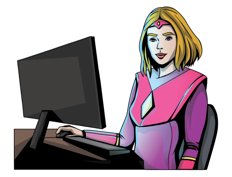 Female superhero at a desktop computer